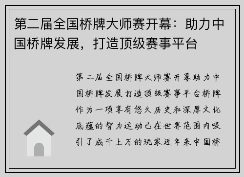 第二届全国桥牌大师赛开幕：助力中国桥牌发展，打造顶级赛事平台